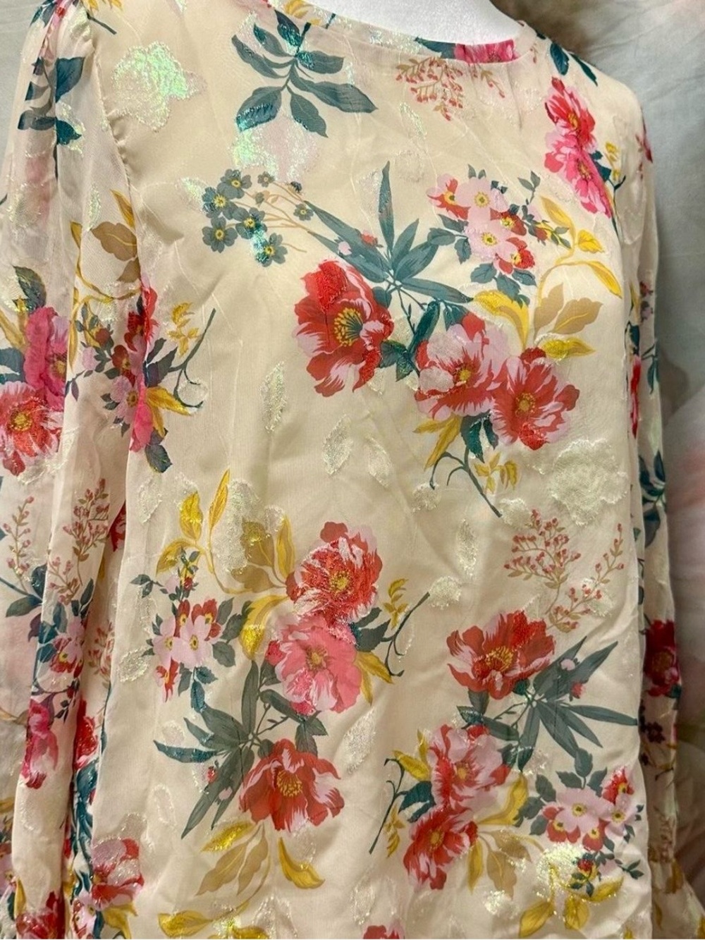 LOFT Ivory Blouse with Pink and Red Floral Accents